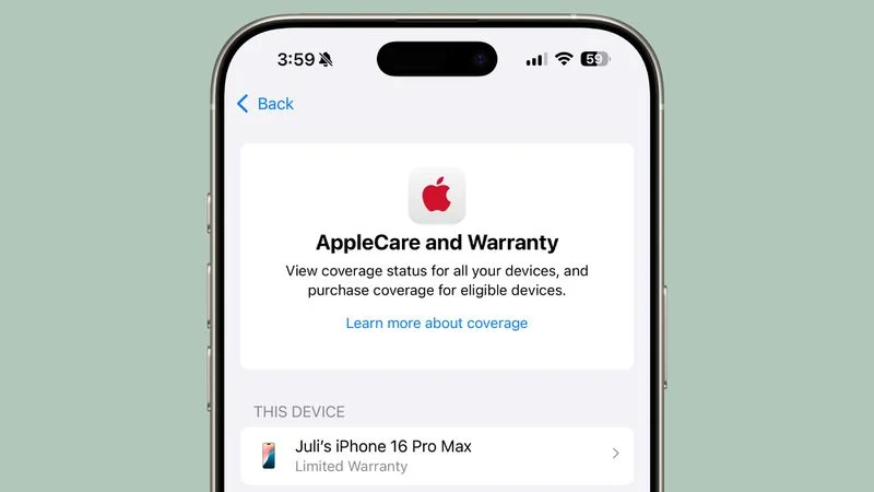設定アプリでは、AppleCare+の保証情報がこれまでよりも目立つように表示されるようになりました。
