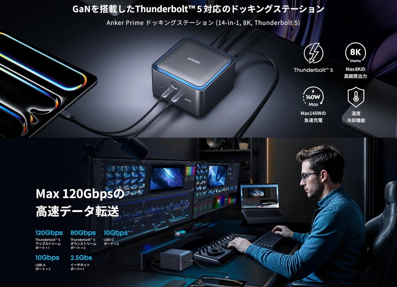Anker、GaN電源内蔵の多機能ドッキングステーション『Anker Prime (14-in-1, Thunderbolt 5)』登場